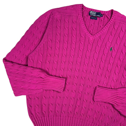 Vintage 90s Polo Ralph Lauren pink mini horse 100% cotton v neck knit sweater (M)