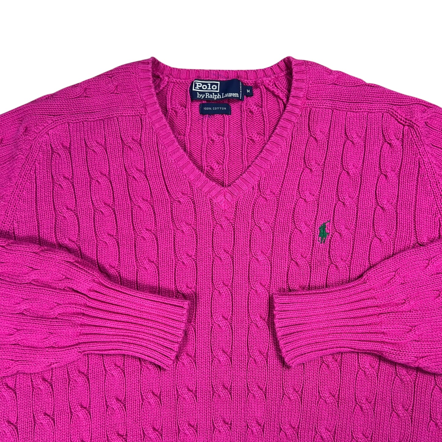 Vintage 90s Polo Ralph Lauren pink mini horse 100% cotton v neck knit sweater (M)