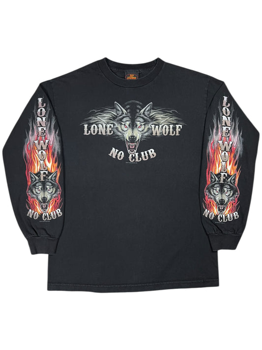 Y2K Hot Leathers Lone Wolf No Club long sleeve flames print biker shirt (M)