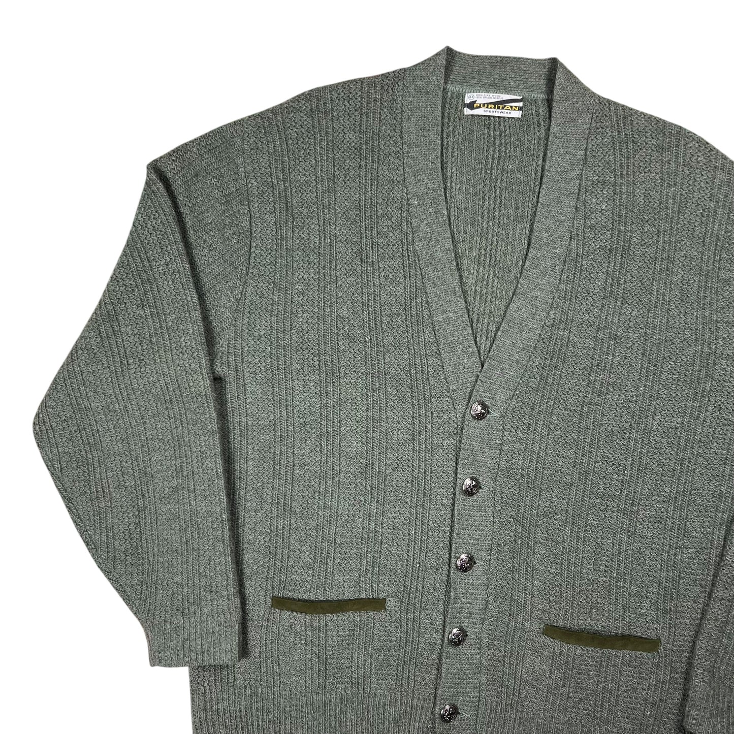 Vintage 1960s Puritan Fuzzy Wool Blend Cardigan Green Cobain Style Sweater (L)