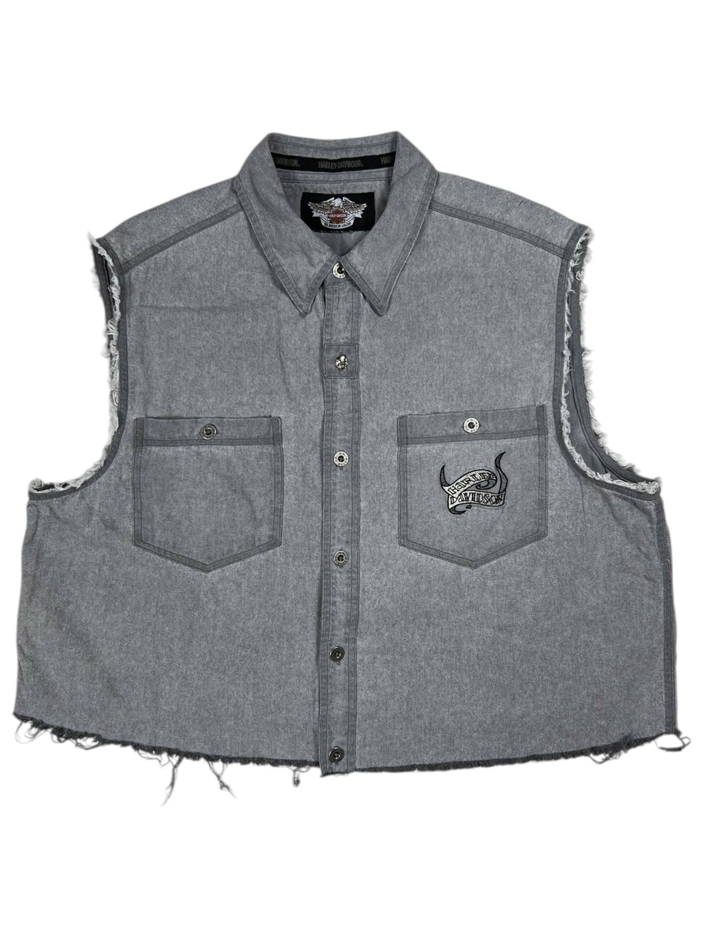 Vintage Y2K Harley Davidson Mogtorcycles skull cut off denim jacket vest (M/L)