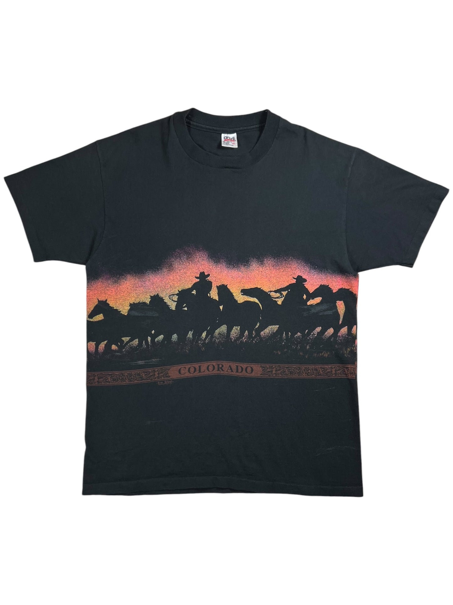 Vintage 90s San Segal Western Cowboys Horses wrap around AOP faded tee (XL)