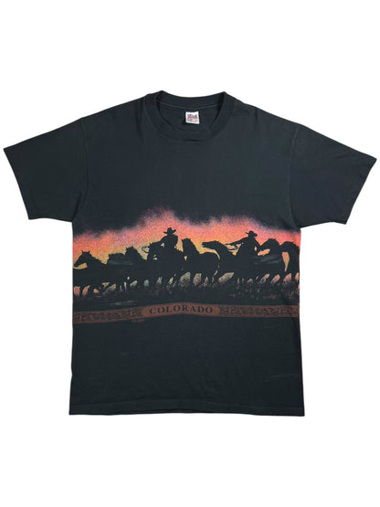 Vintage 90s San Segal Western Cowboys Horses wrap around AOP faded tee (XL)