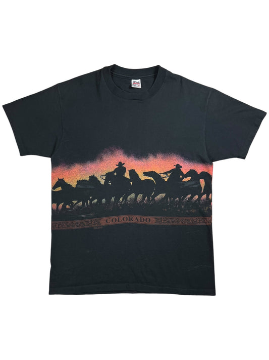 Vintage 90s San Segal Western Cowboys Horses wrap around AOP faded tee (XL)