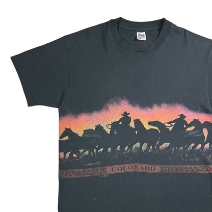 Vintage 90s San Segal Western Cowboys Horses wrap around AOP faded tee (XL)