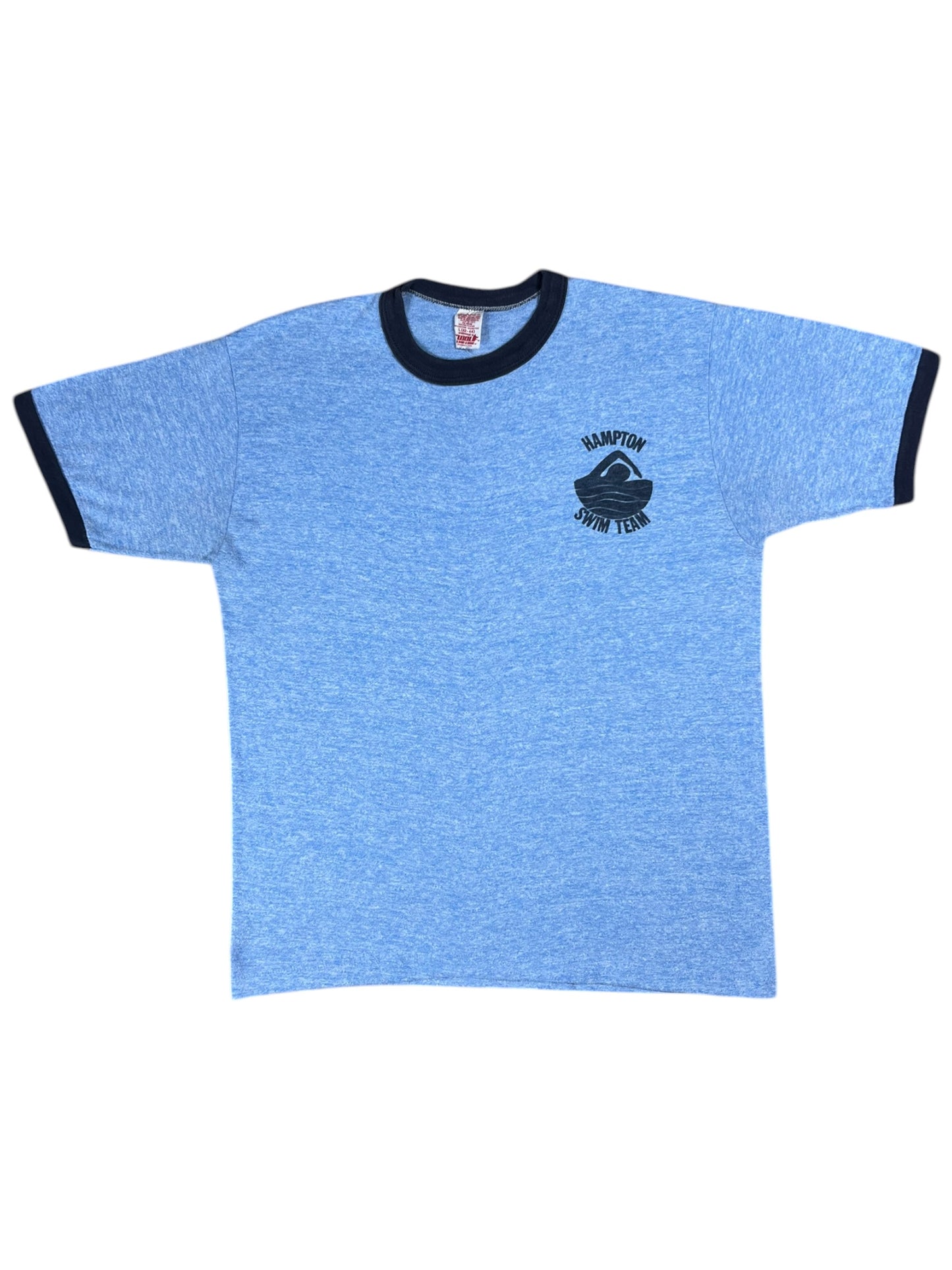 Vintage 1970s Hampton Swim Team Heather blue rayon blend ringer tee (M)