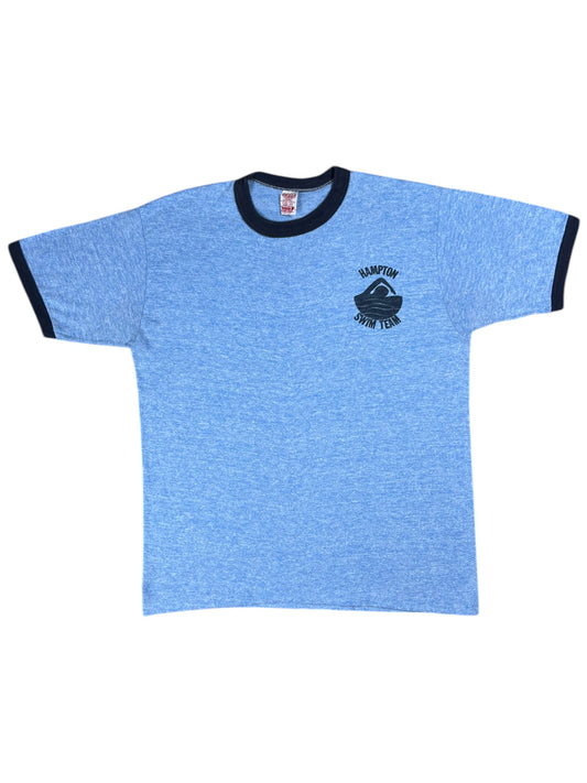 Vintage 1970s Hampton Swim Team Heather blue rayon blend ringer tee (M)