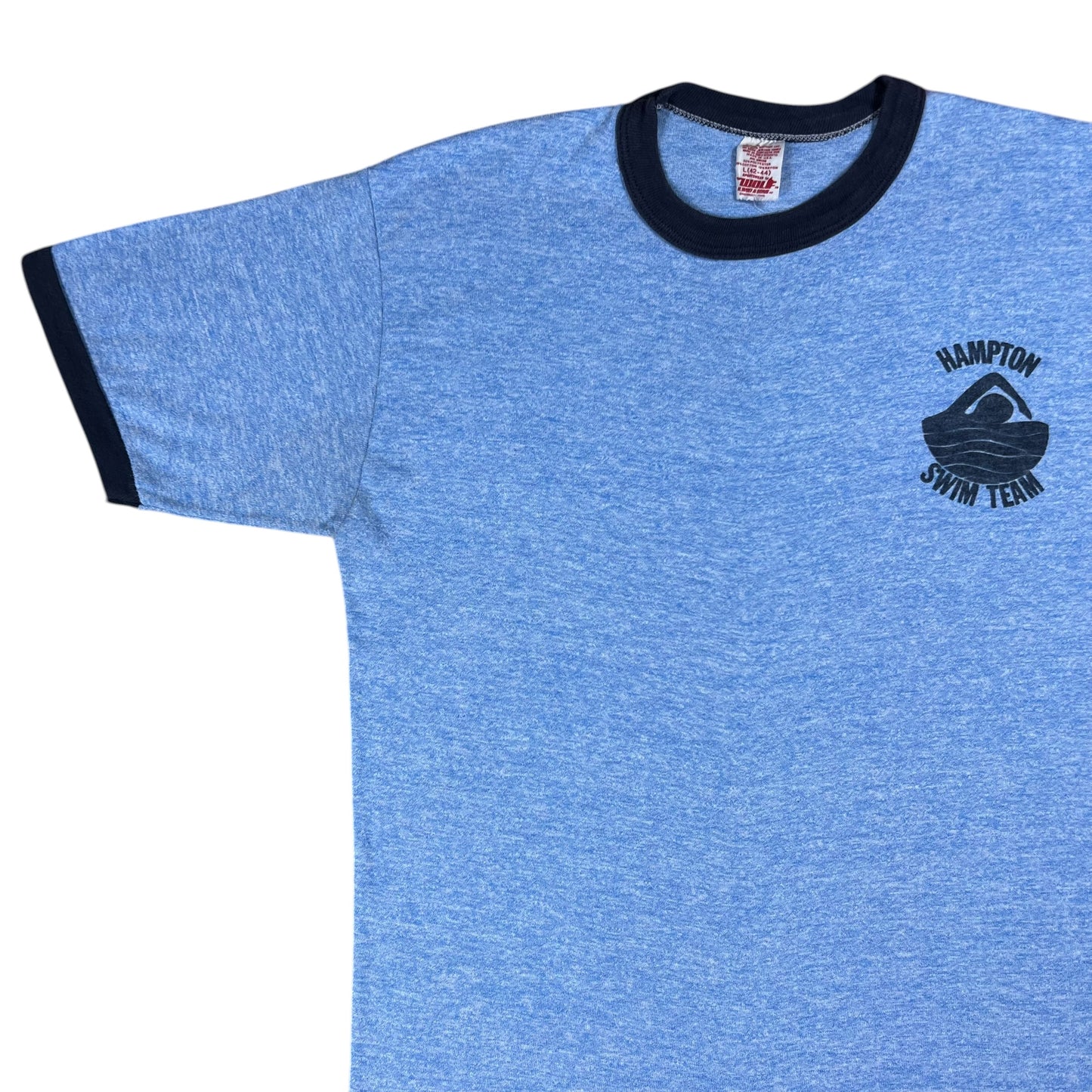 Vintage 1970s Hampton Swim Team Heather blue rayon blend ringer tee (M)