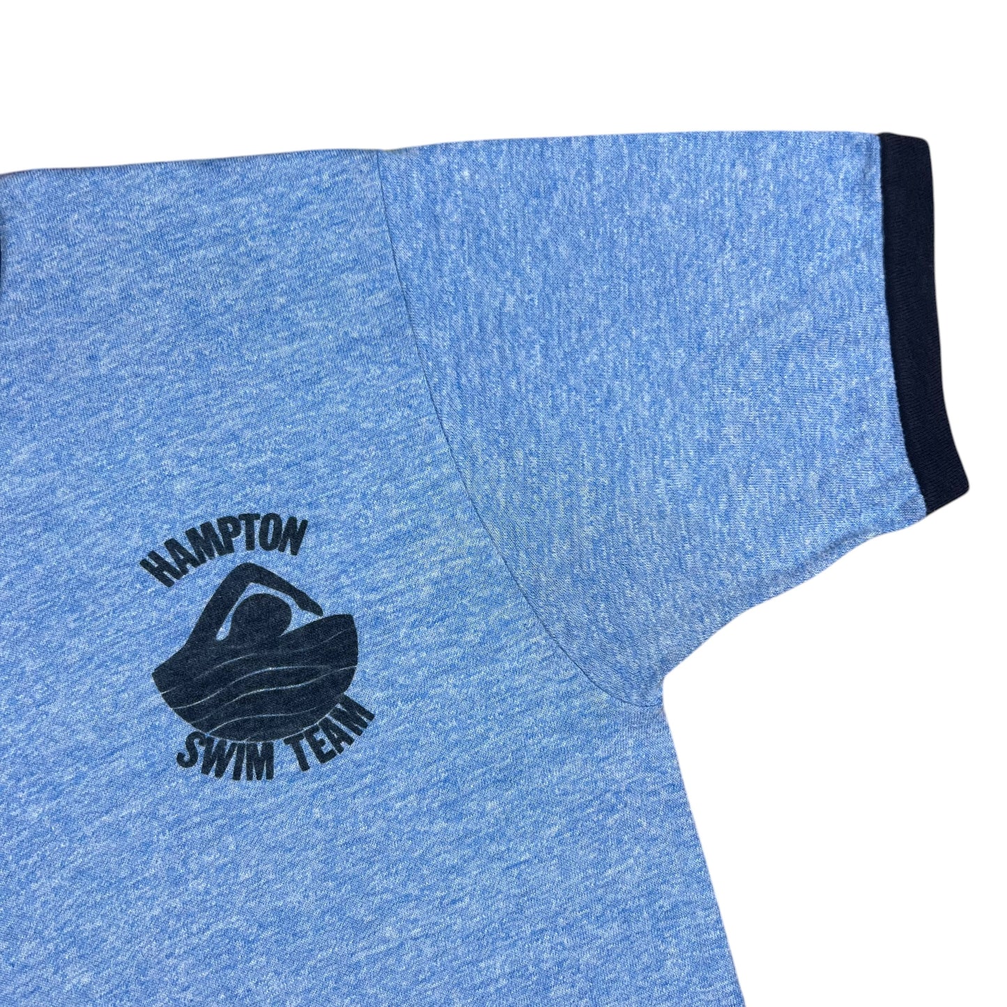 Vintage 1970s Hampton Swim Team Heather blue rayon blend ringer tee (M)