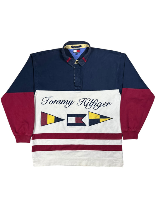 Vintage 90s Tommy Hilfiger flags color block long sleeve rugby shirt (XL)