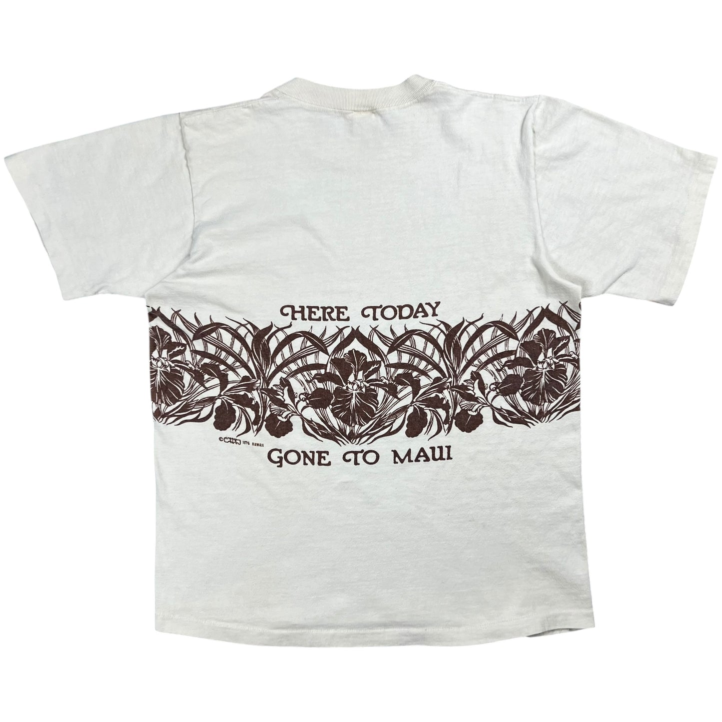 Vintage 1976 Crazy Shirts Here Today Gone To Maui wrap around tee (M)