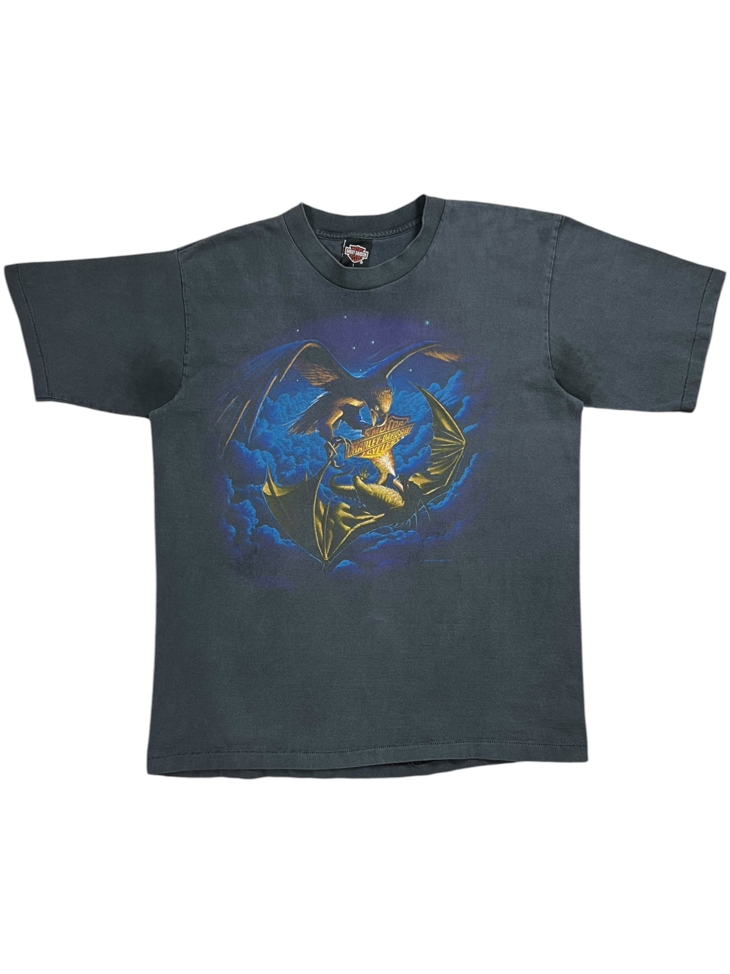 Vintage 90s Harley Davidson Motorcycles Eagle vs Dragon faded black Apple tee (L)