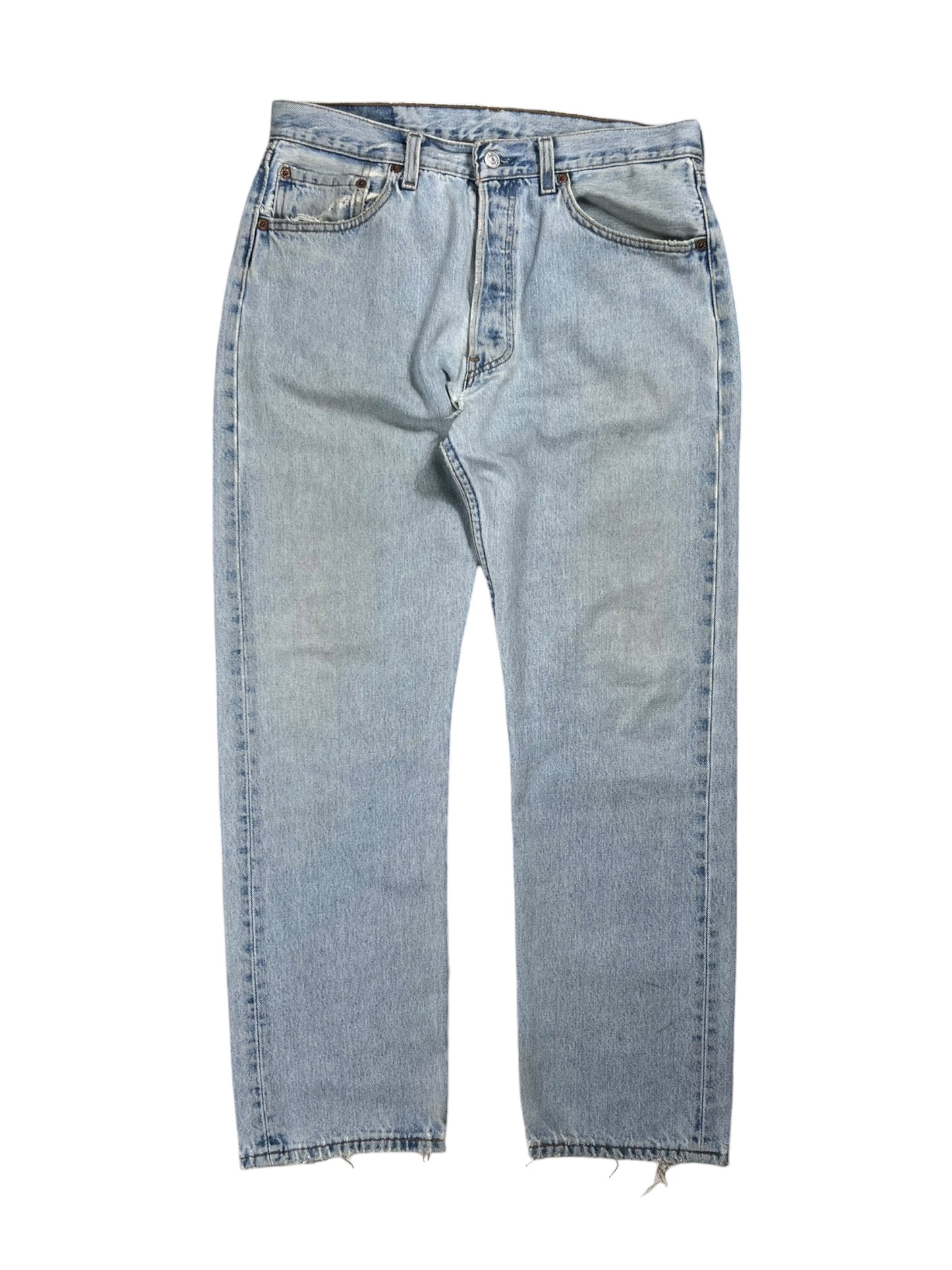 Vintage 90s Levi’s 501 button fly distressed & repaired USA made denim jeans (33x29)