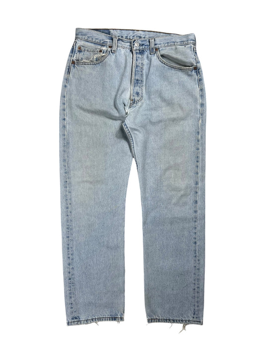 Vintage 90s Levi’s 501 button fly distressed & repaired USA made denim jeans (33x29)