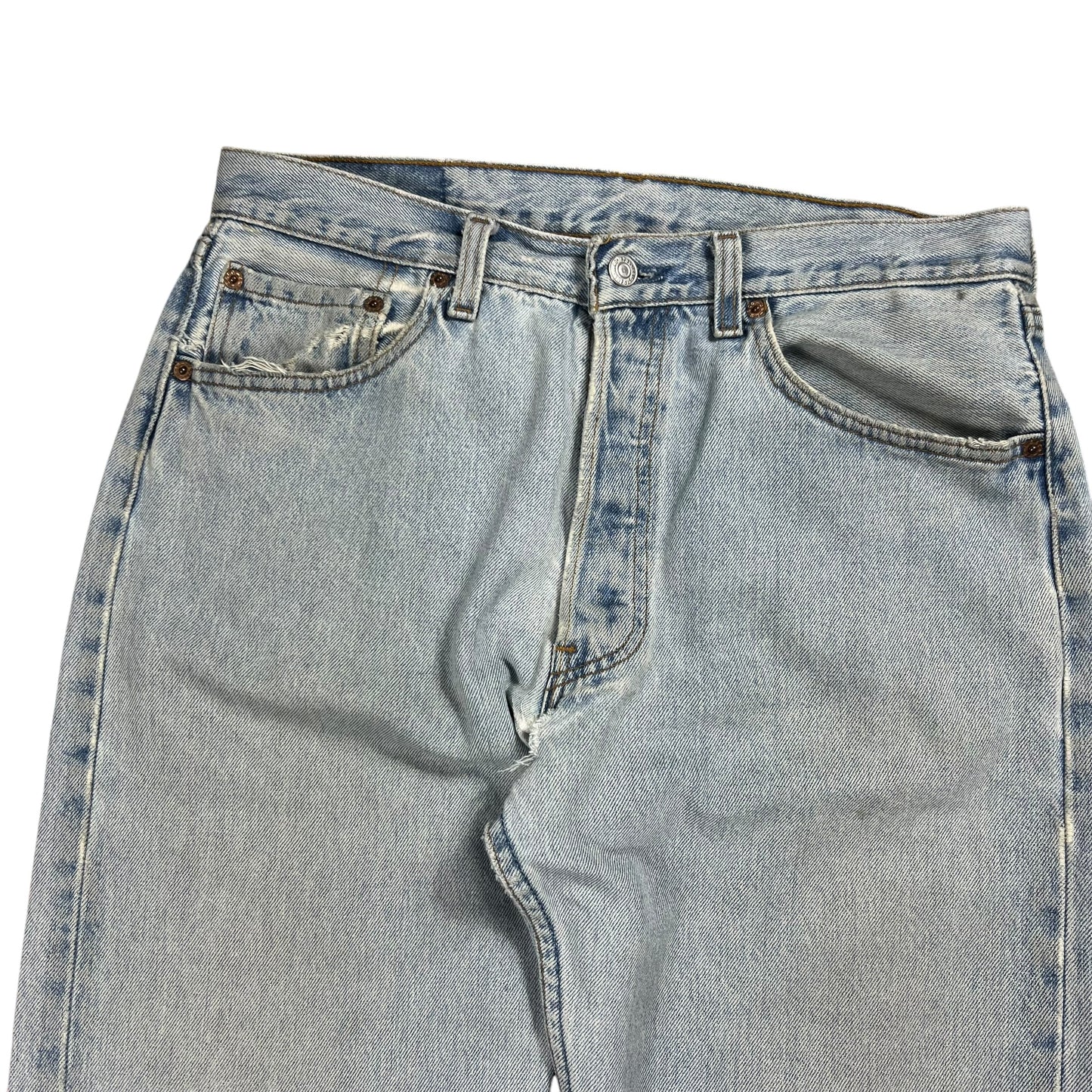 Vintage 90s Levi’s 501 button fly distressed & repaired USA made denim jeans (33x29)