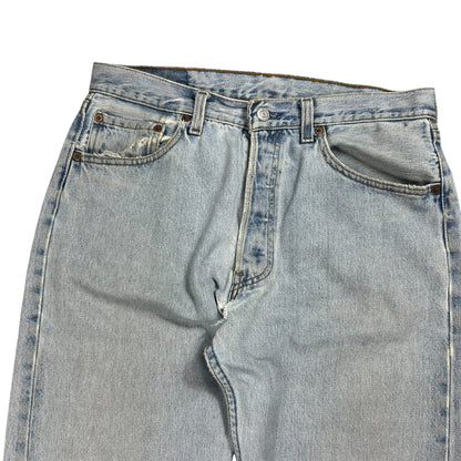 Vintage 90s Levi’s 501 button fly distressed & repaired USA made denim jeans (33x29)