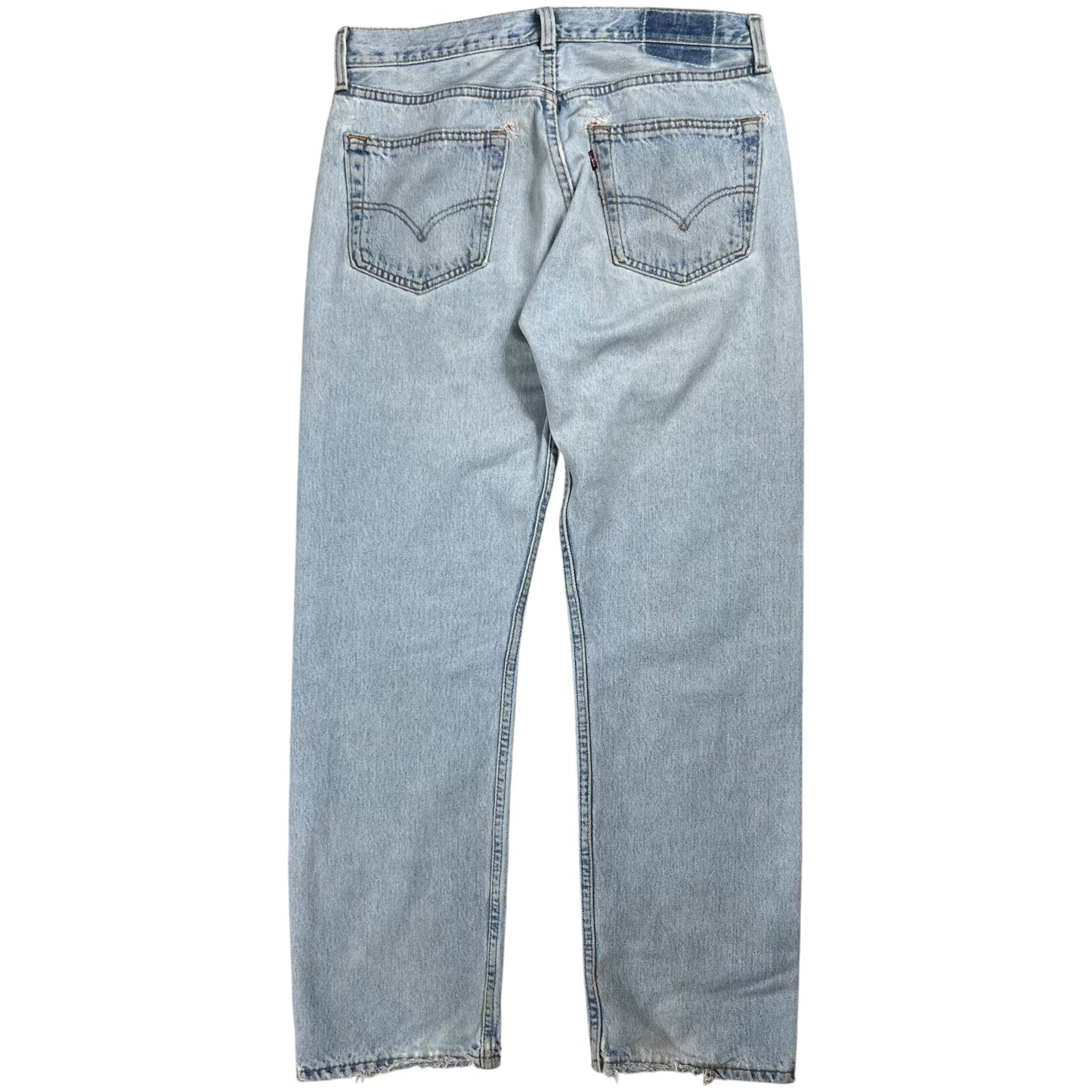 Vintage 90s Levi’s 501 button fly distressed & repaired USA made denim jeans (33x29)