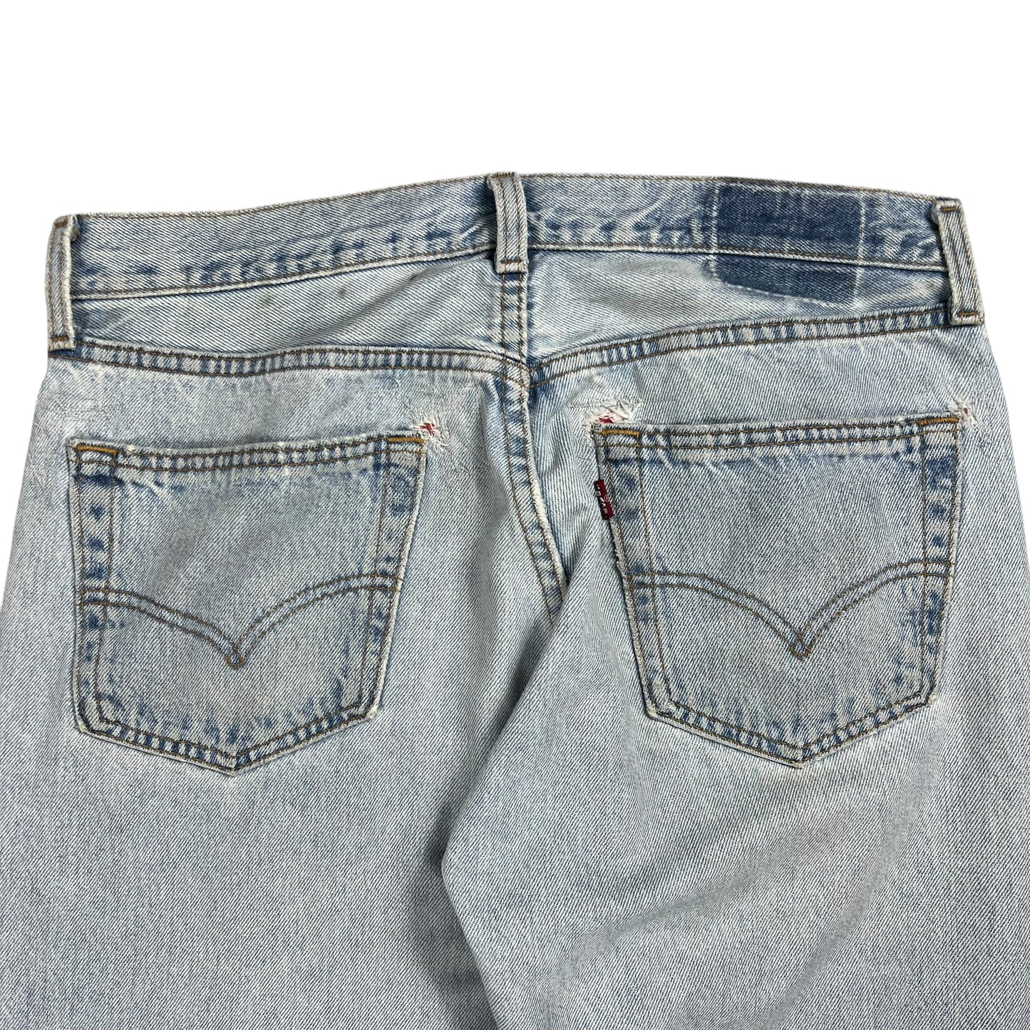 Vintage 90s Levi’s 501 button fly distressed & repaired USA made denim jeans (33x29)