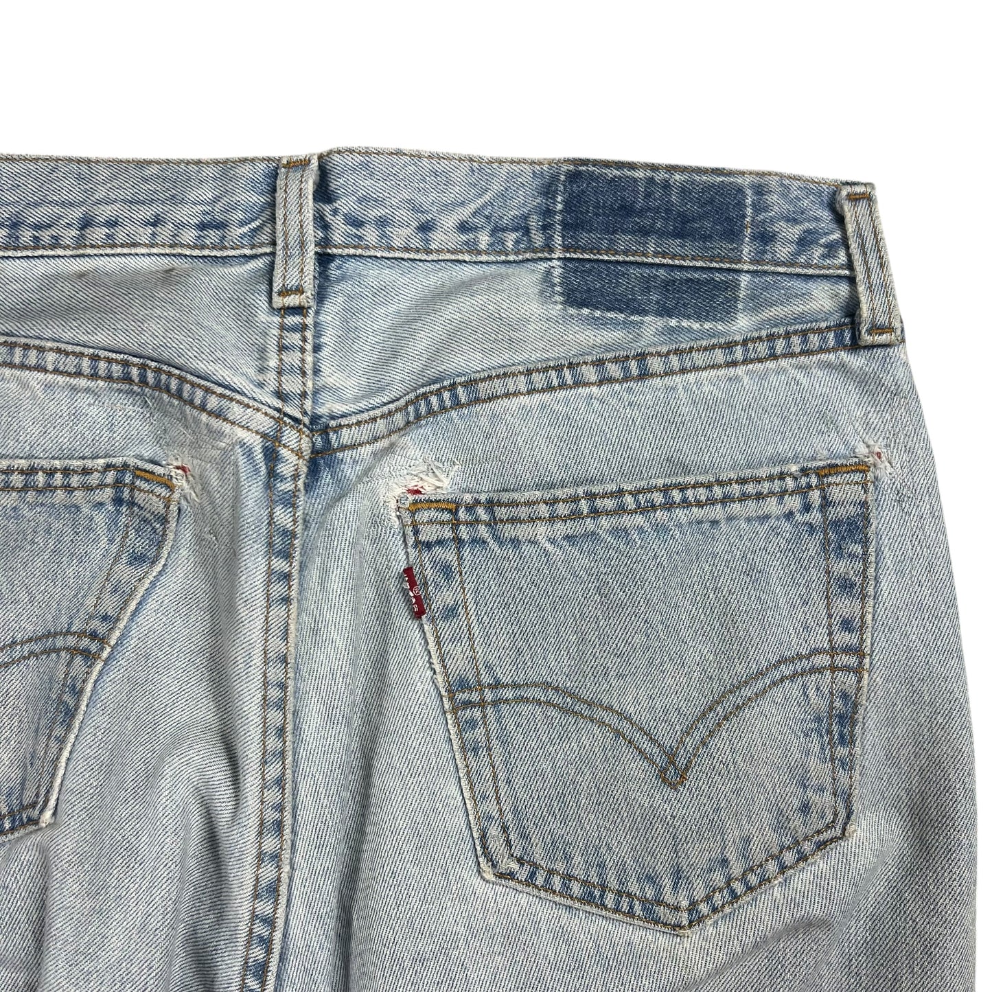 Vintage 90s Levi’s 501 button fly distressed & repaired USA made denim jeans (33x29)