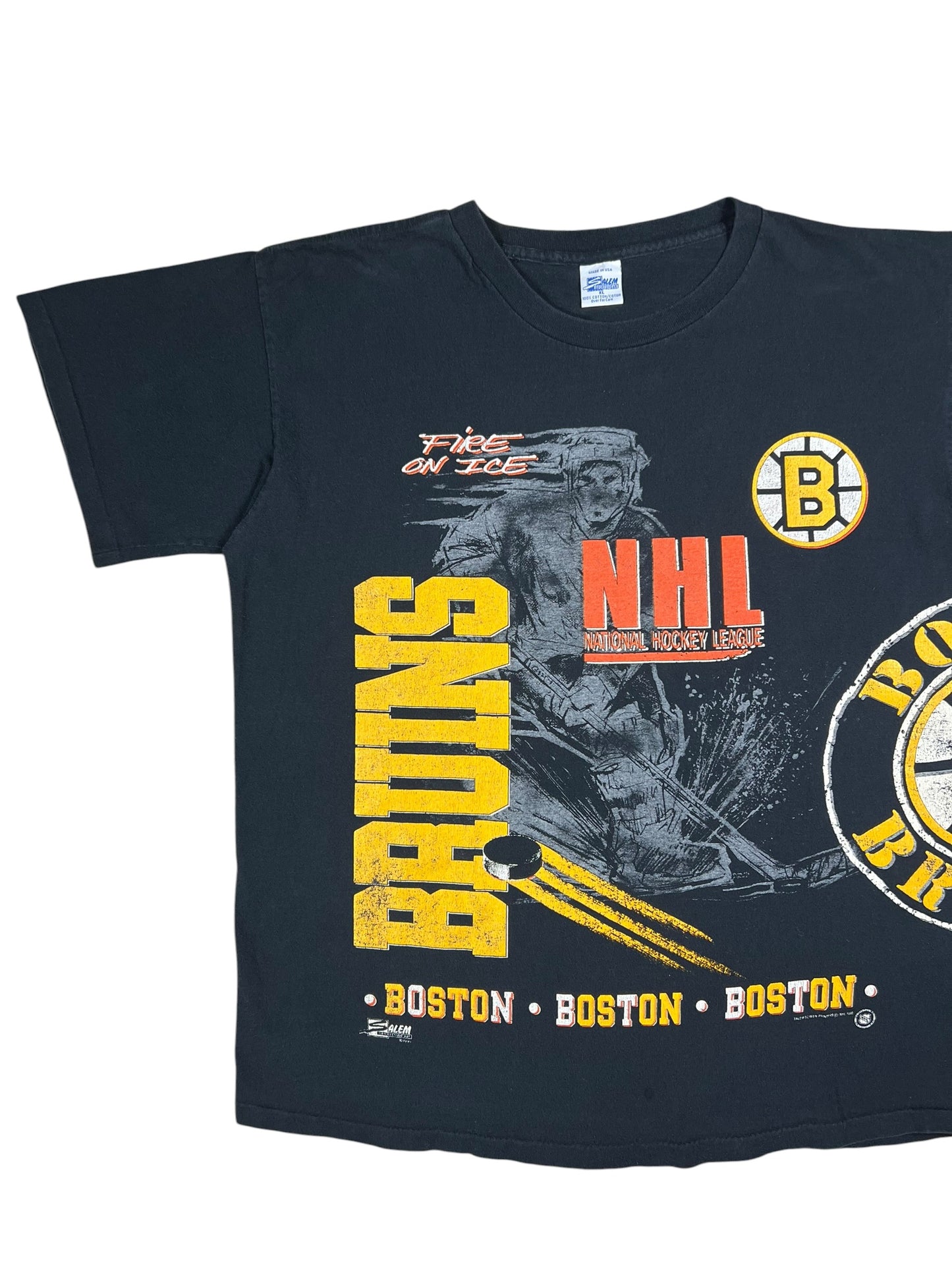 Vintage 1990 Salem Sports Boston Bruins Fire on Ice all over print tee (XL)