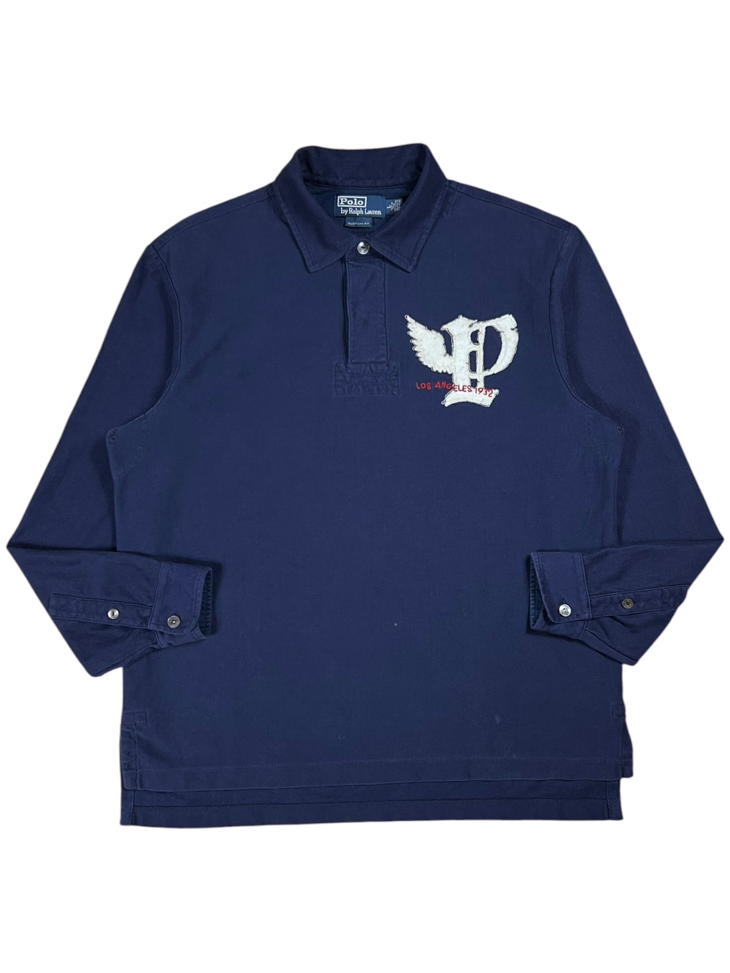Vintage Y2K Polo Ralph Lauren P Wing Los Angeles 1932 appliqué cotton herringbone long sleeve rugby shirt (L)