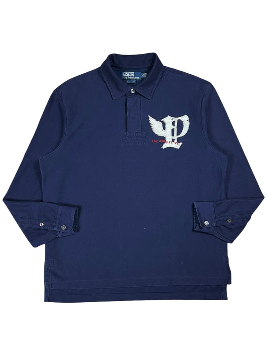 Vintage Y2K Polo Ralph Lauren P Wing Los Angeles 1932 appliqué cotton herringbone long sleeve rugby shirt (L)
