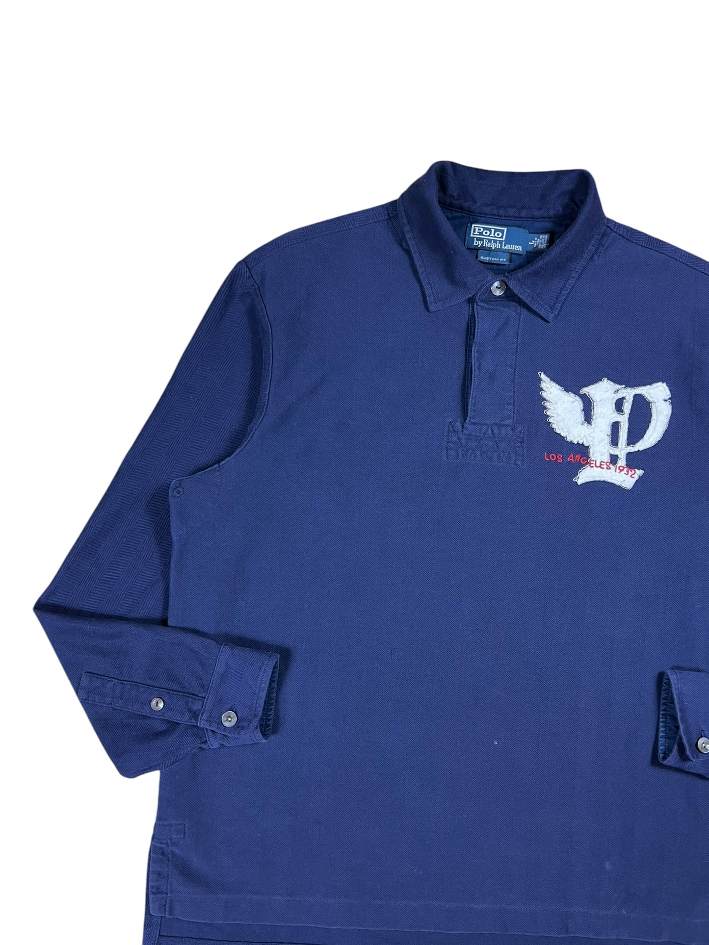 Vintage Y2K Polo Ralph Lauren P Wing Los Angeles 1932 appliqué cotton herringbone long sleeve rugby shirt (L)
