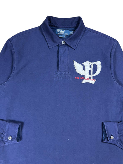 Vintage Y2K Polo Ralph Lauren P Wing Los Angeles 1932 appliqué cotton herringbone long sleeve rugby shirt (L)