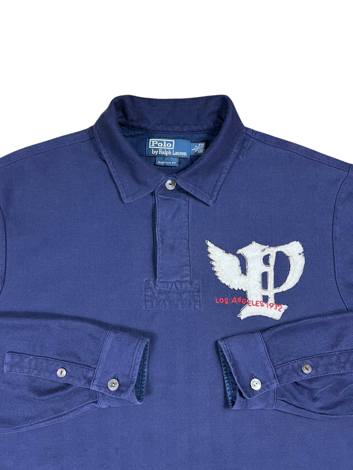 Vintage Y2K Polo Ralph Lauren P Wing Los Angeles 1932 appliqué cotton herringbone long sleeve rugby shirt (L)