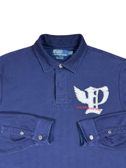 Vintage Y2K Polo Ralph Lauren P Wing Los Angeles 1932 appliqué cotton herringbone long sleeve rugby shirt (L)