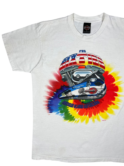 Vintage 1999 Harley Davidson The Sixties MLK JFK Moon landing hippie tie dye biker tee (L)