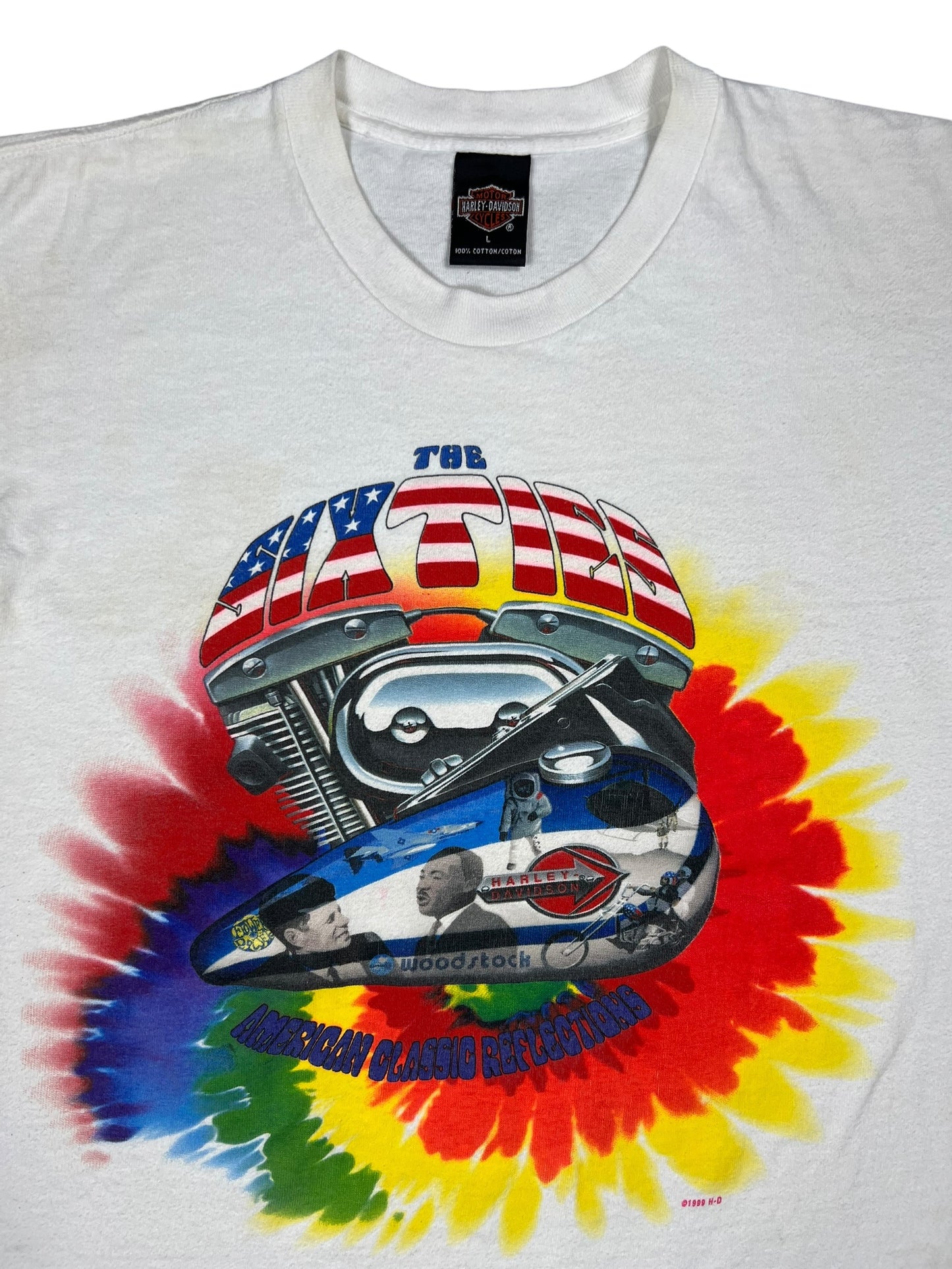 Vintage 1999 Harley Davidson The Sixties MLK JFK Moon landing hippie tie dye biker tee (L)