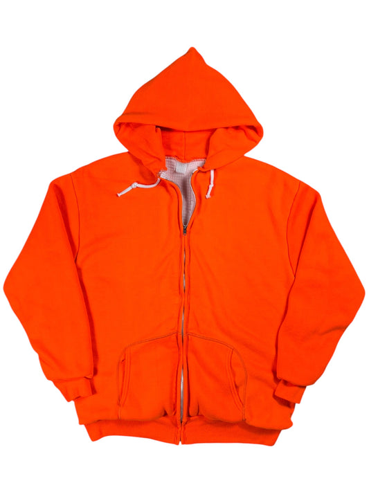 Vintage 80s waffle thermal lined orange faded zip up hoodie (M)