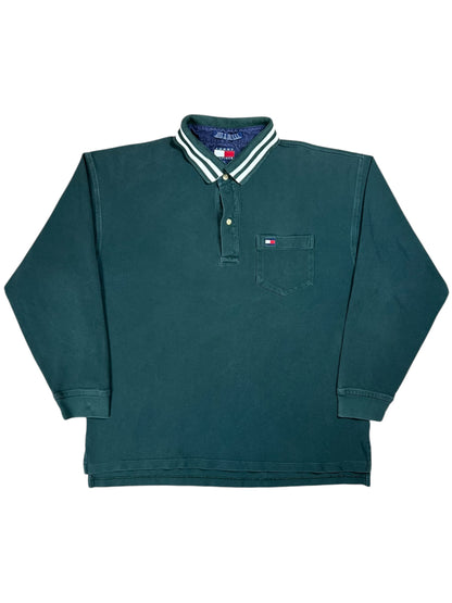 Vintage 90s Tommy Hilfiger mini flag green long sleeve rugby polo shirt (XL)