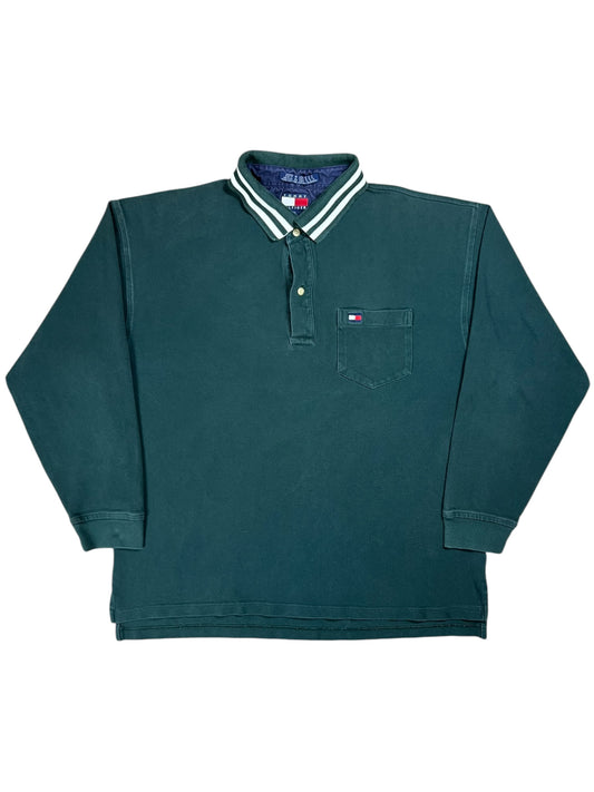 Vintage 90s Tommy Hilfiger mini flag green long sleeve rugby polo shirt (XL)
