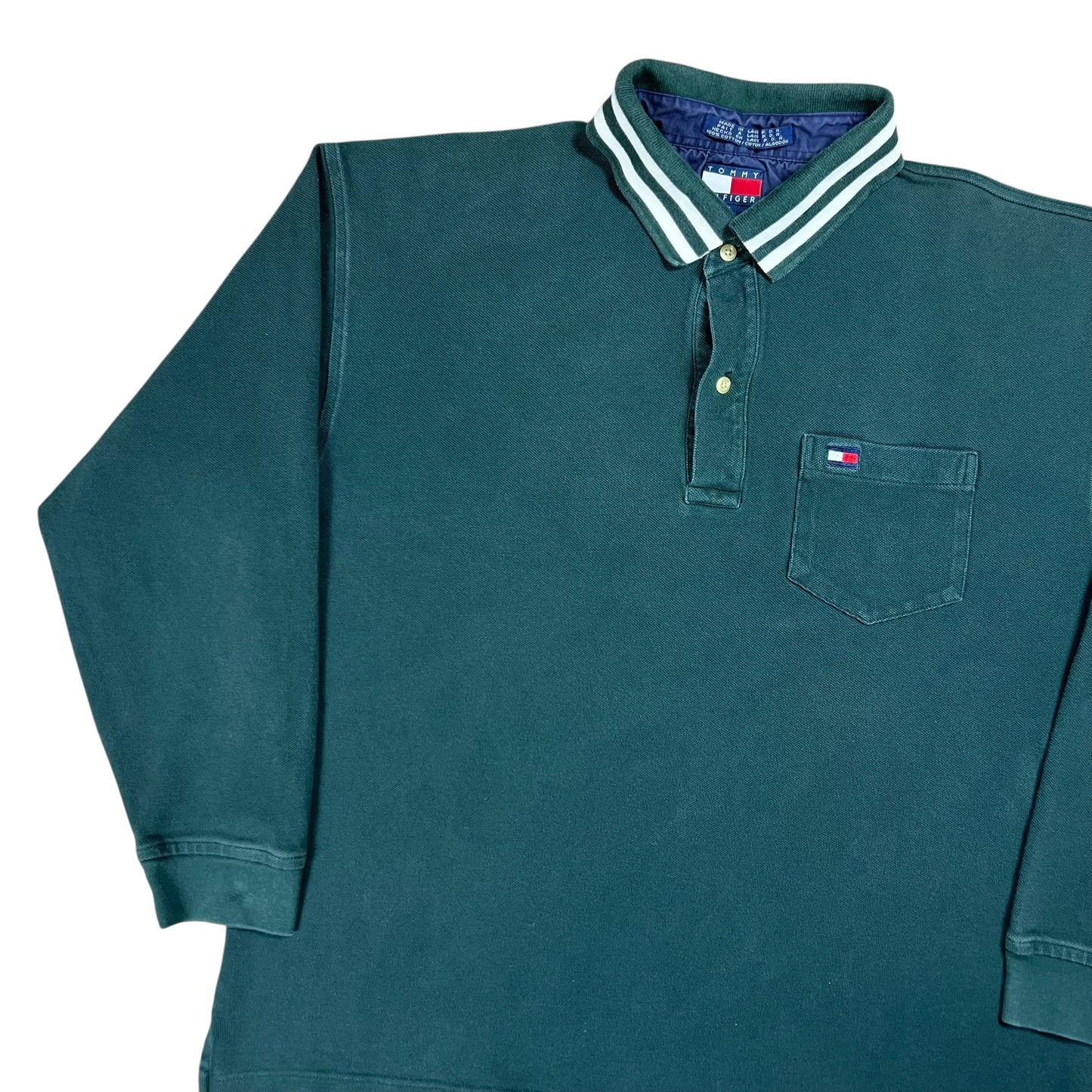 Vintage 90s Tommy Hilfiger mini flag green long sleeve rugby polo shirt (XL)