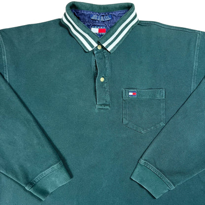 Vintage 90s Tommy Hilfiger mini flag green long sleeve rugby polo shirt (XL)