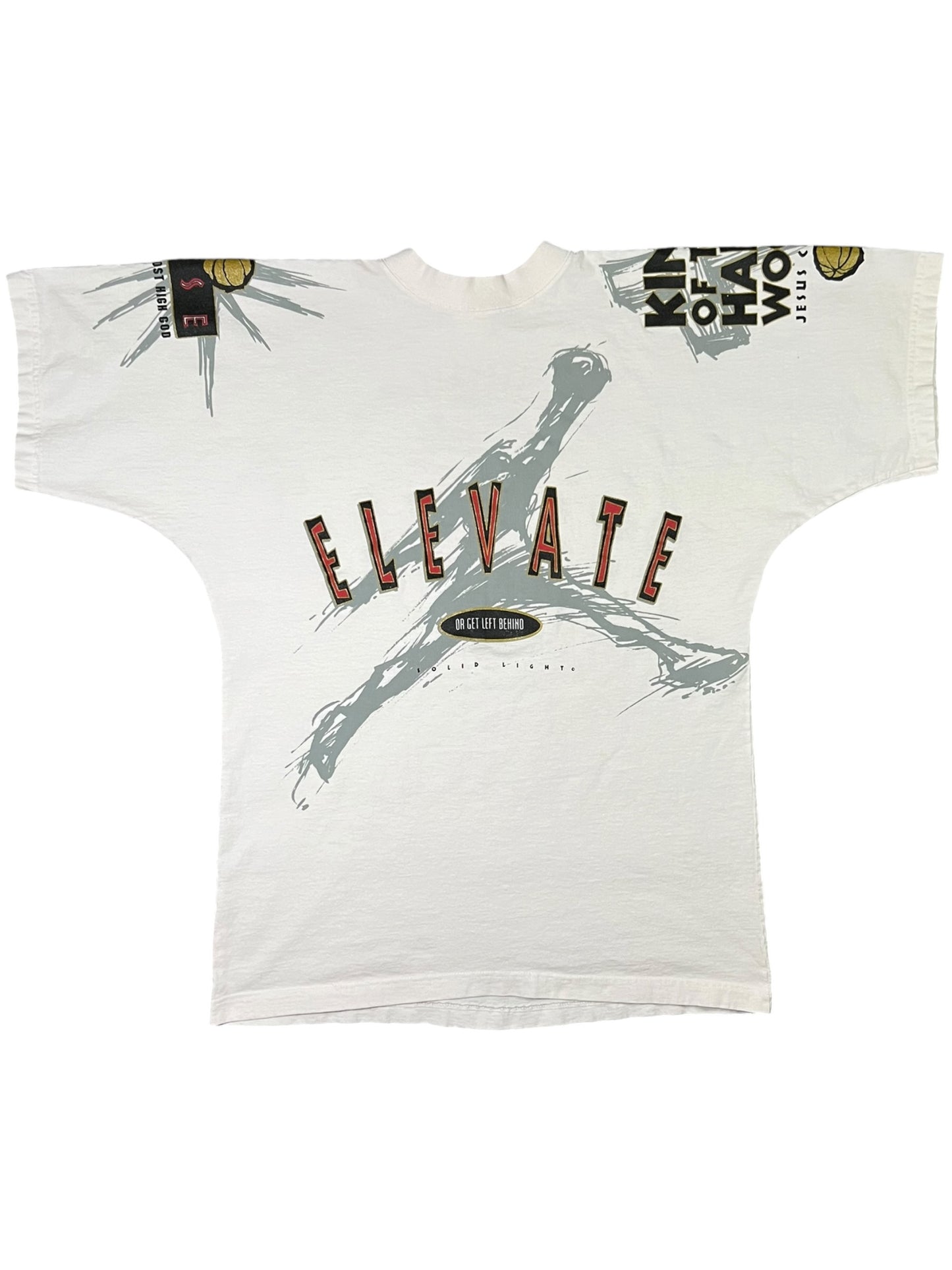 Vintage 90s Elevate Or Get Left Behind Rise With The Most High God all over print tee (L/XL)