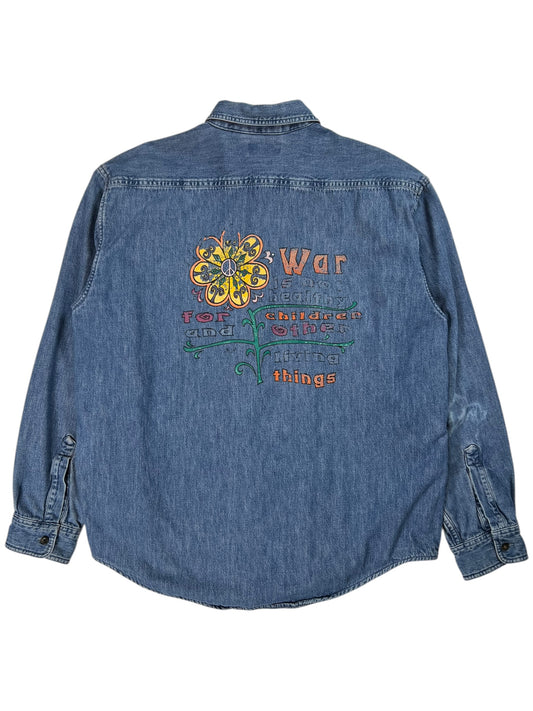 Vintage 90s War is not healthy for children and other living things hand painted denim shirt (L)