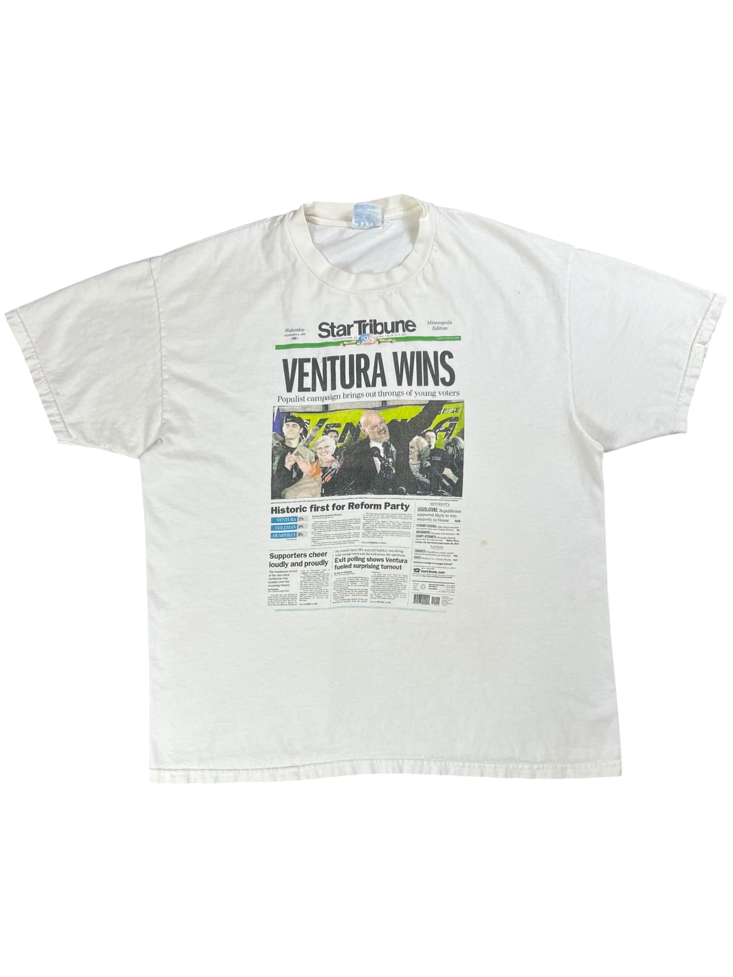Vintage 1998 Jesse Ventura Governor WWE political newspaper tee (XL)