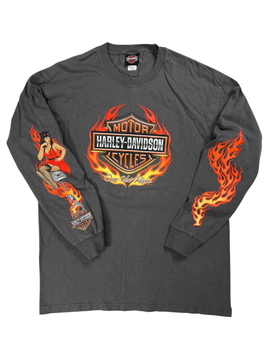 2009 Harley Davidson Motorcycles long sleeve print flames pinup girl shirt (XL)