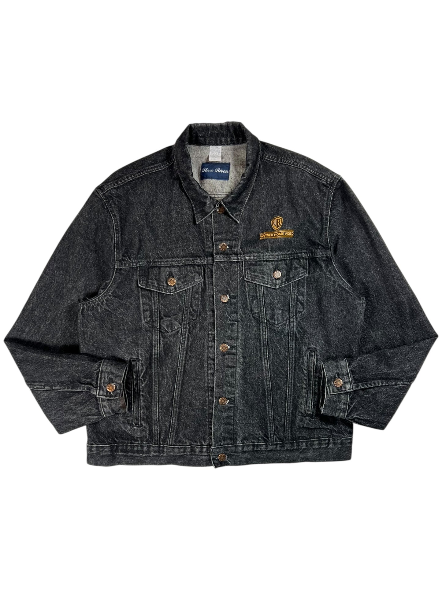 Vintage 90s Warner Brothers Warner Home Video denim black jean jacket (L)