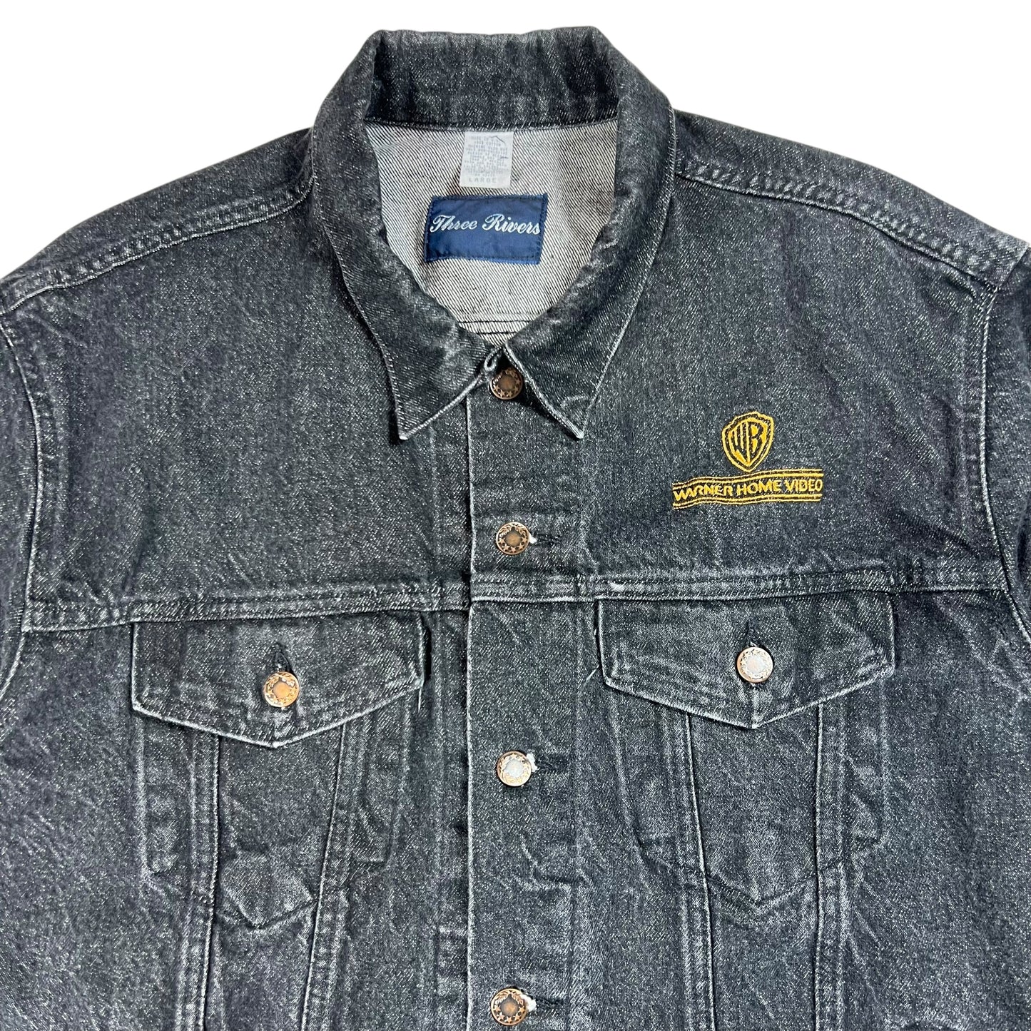 Vintage 90s Warner Brothers Warner Home Video denim black jean jacket (L)