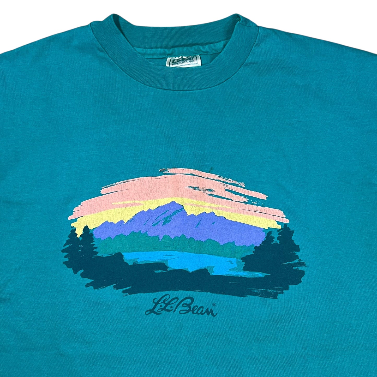 Vintage 90s L.L. Bean Hanes Mount Katahdin teal logo art tee (L/XL)