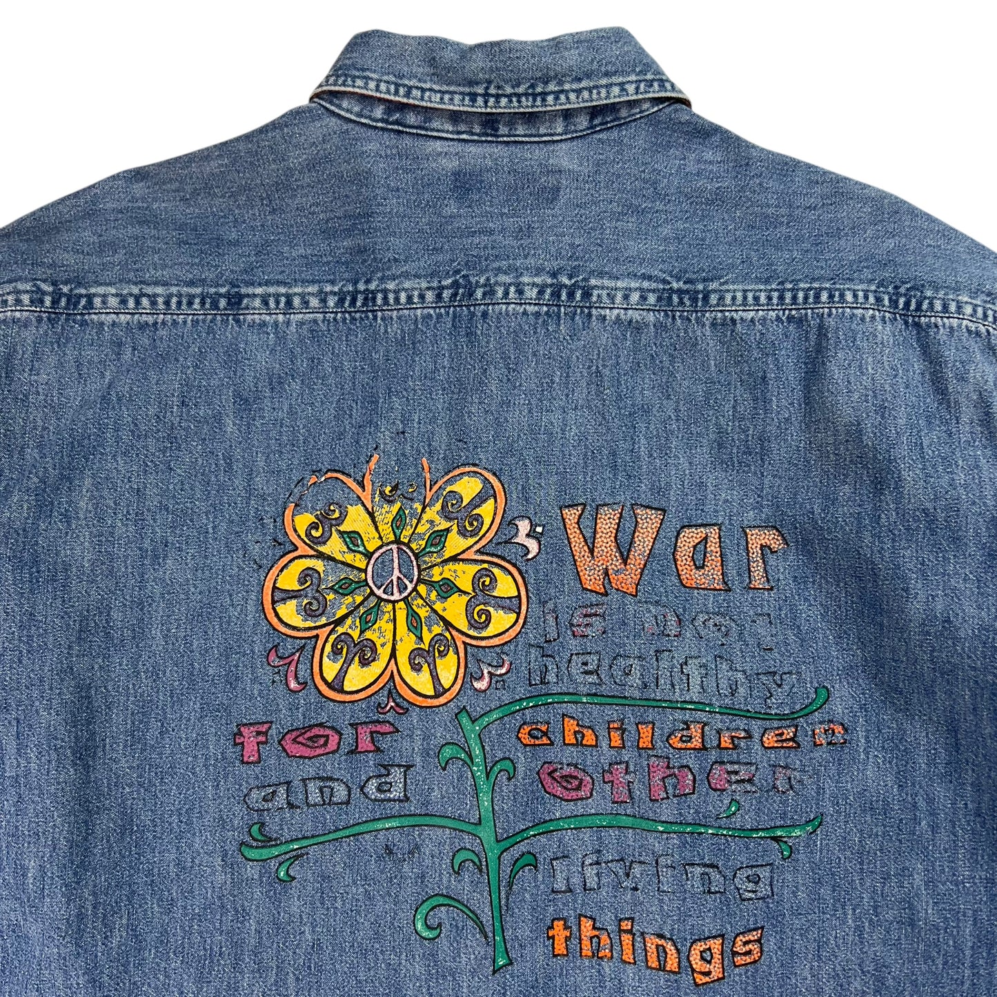 Vintage 90s War is not healthy for children and other living things hand painted denim shirt (L)