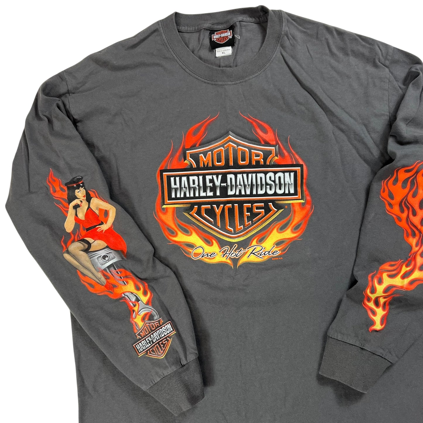 2009 Harley Davidson Motorcycles long sleeve print flames pinup girl shirt (XL)