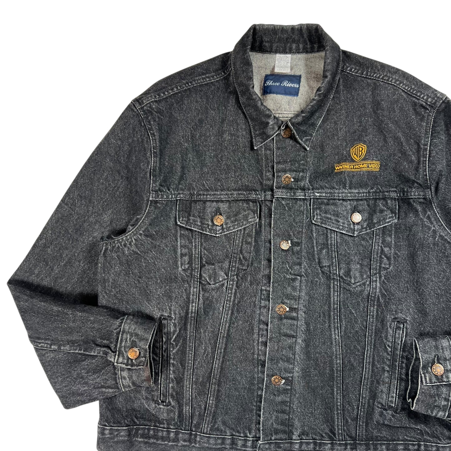 Vintage 90s Warner Brothers Warner Home Video denim black jean jacket (L)