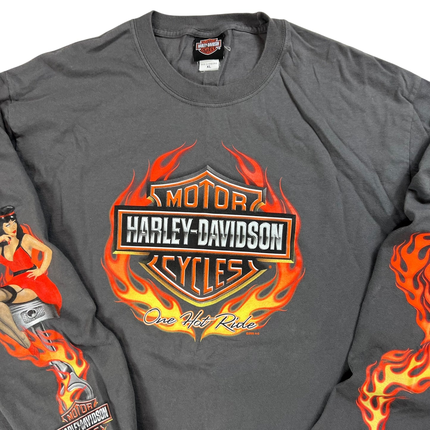 2009 Harley Davidson Motorcycles long sleeve print flames pinup girl shirt (XL)