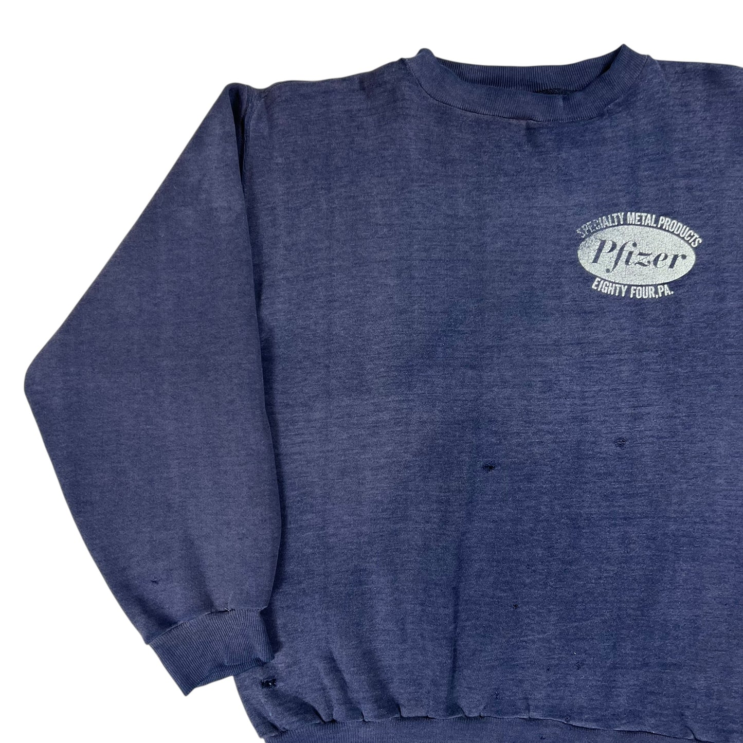Vintage 1970s Russell Athletic Pfizer faded & distressed navy crewneck (M)