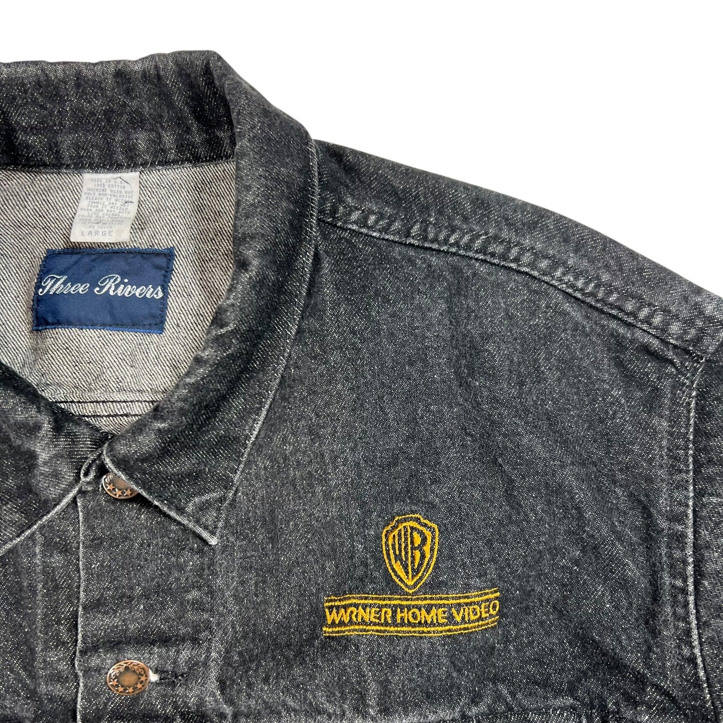Vintage 90s Warner Brothers Warner Home Video denim black jean jacket (L)